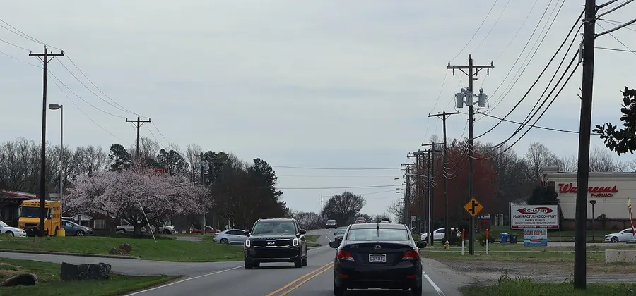 US 21 heading into Troutman past a flowering tree